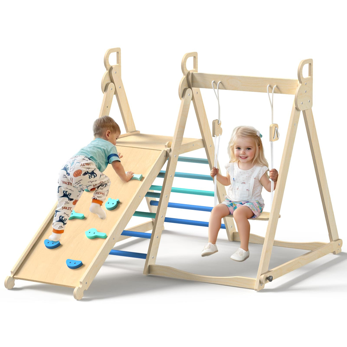 BlueWood 4-in-1 indoor jungle gym in action for versatile development.