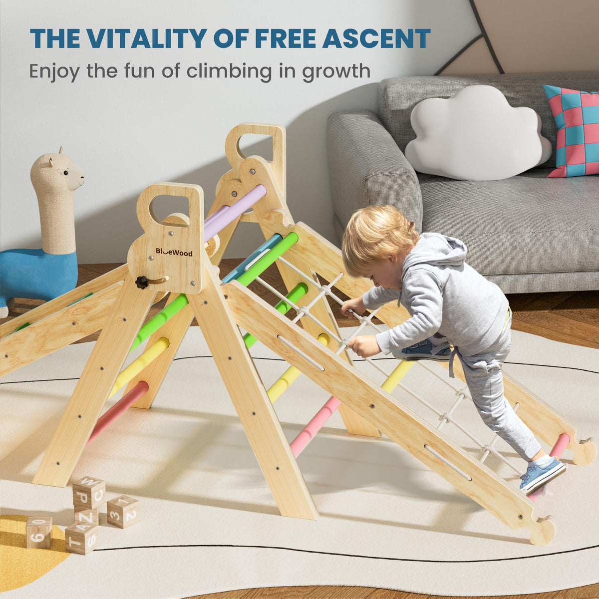 BlueWood rainbow design stimulates visual development and color perception during play.