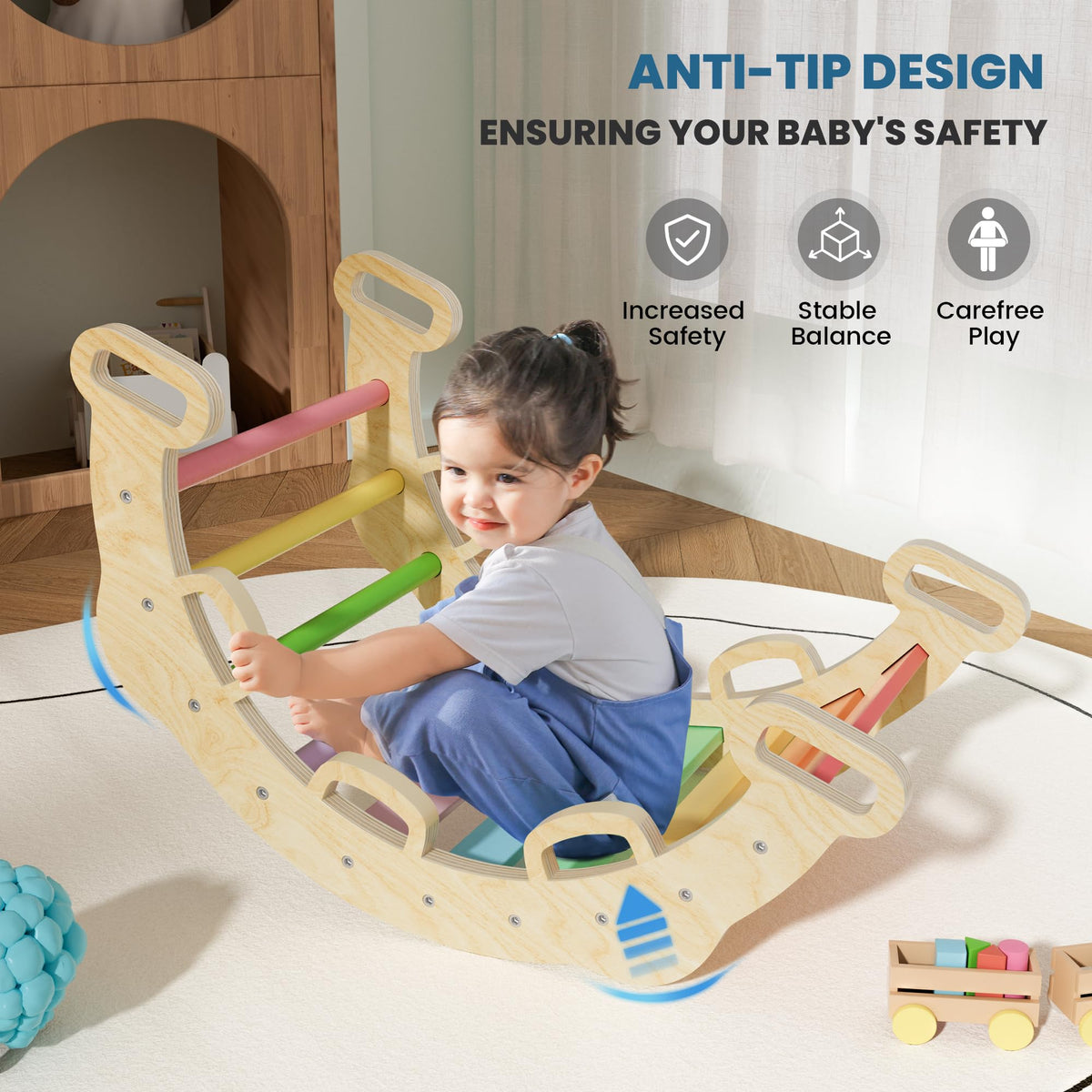 BlueWood foldable Pikler triangle saved space, ideal for small rooms and easy storage.
