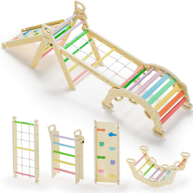 BlueWood 8-in-1 Pikler Triangle rainbow assembled for versatile toddler play and exploration.
