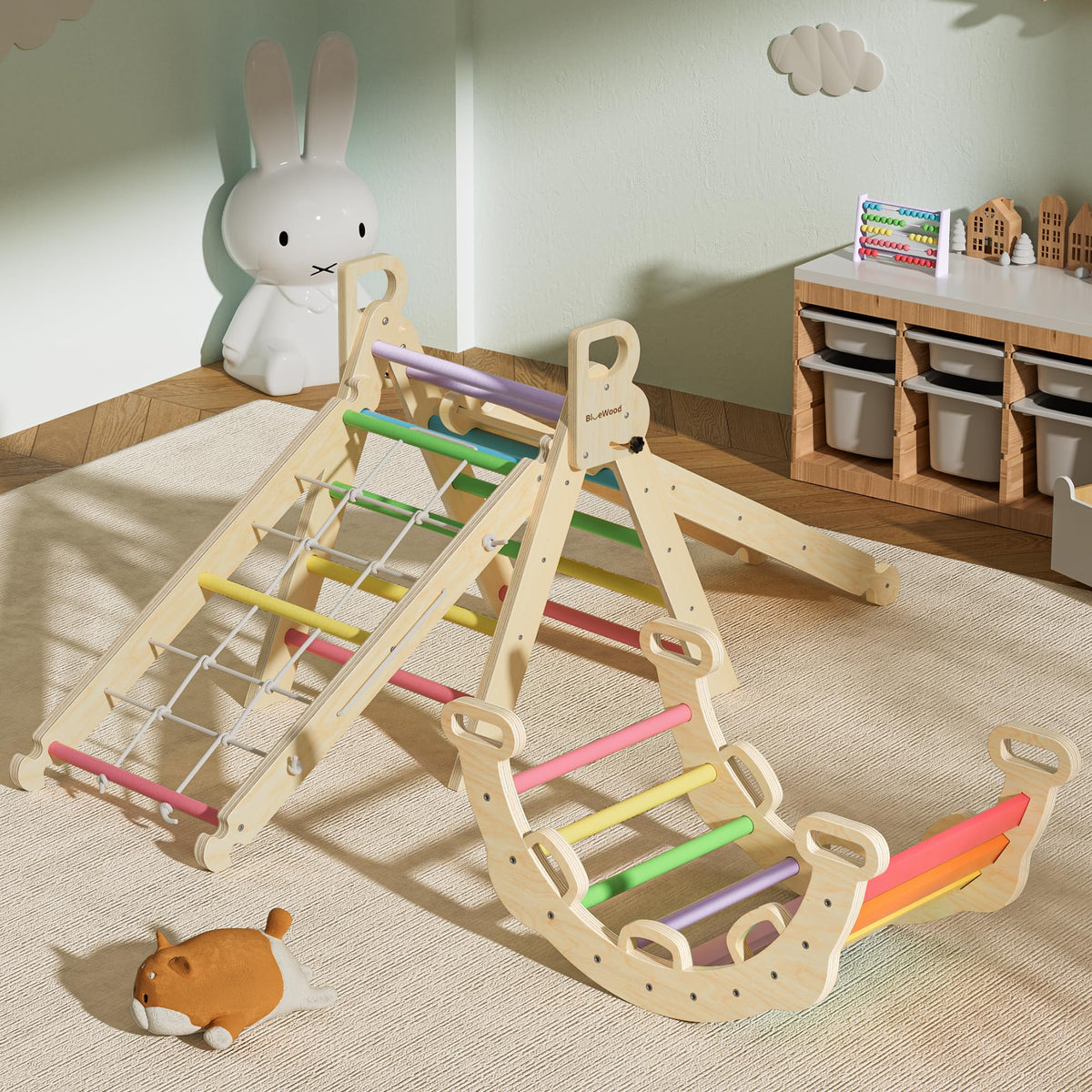 BlueWood Pikler triangle with rope ladder option promoting climbing skills and grip strength.