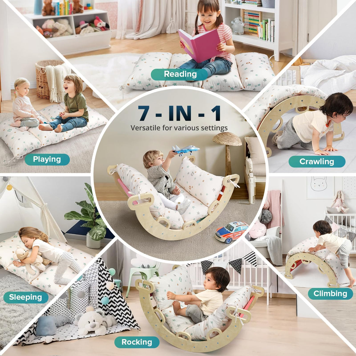 BlueWood arch mat demonstrates dual use as a mat and a rocker for play.