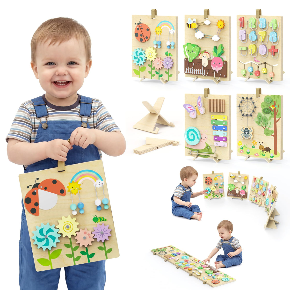 BlueWood Busy Board with all 14 activities supports early learning and fine motor skills