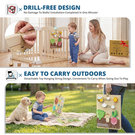 BlueWood Busy Board coated with water-based paint for safe use during play
