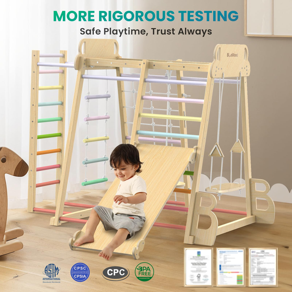 BlueWood Montessori-inspired play net promotes agility and spatial awareness.