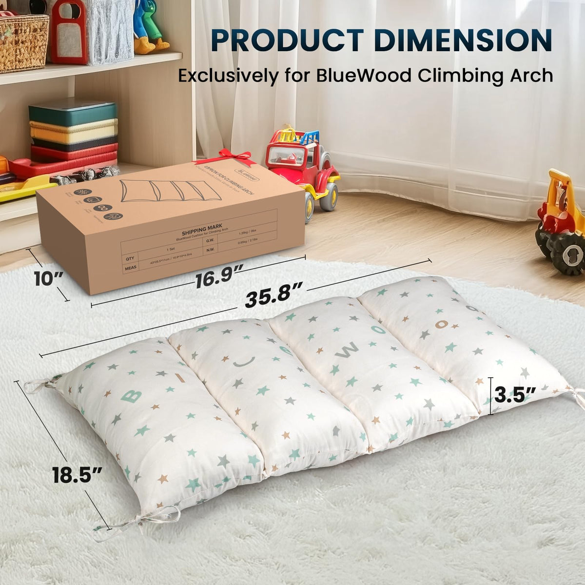 BlueWood Pikler cushion with anti-slip straps stabilizes the arch during play.