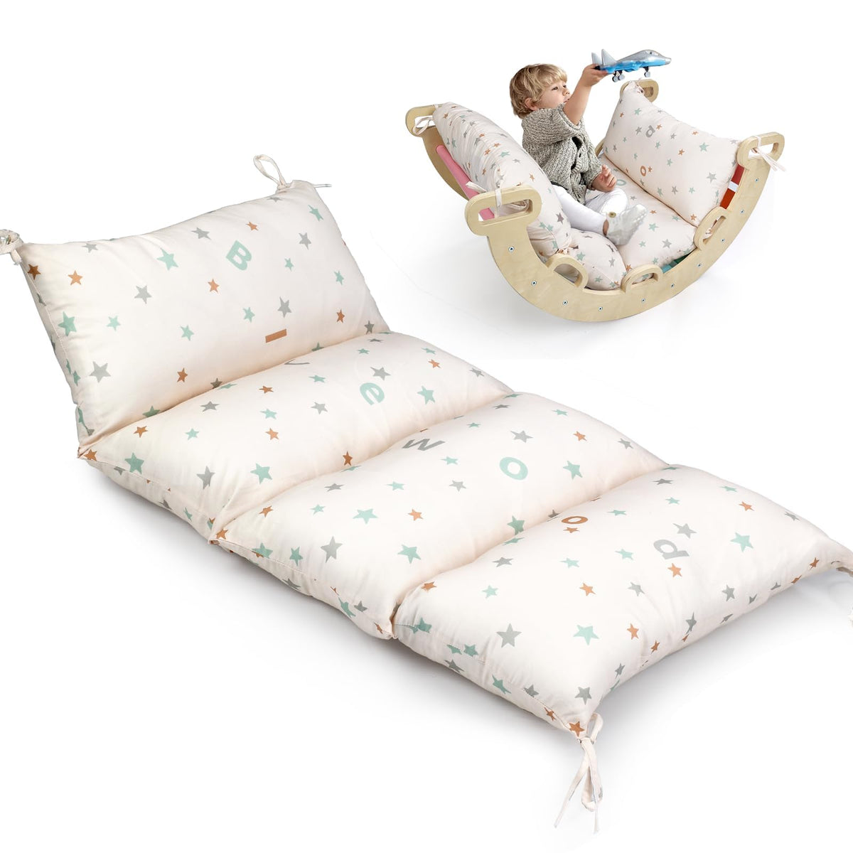BlueWood Pikler cushion attached to arch provides secure support for climbing.