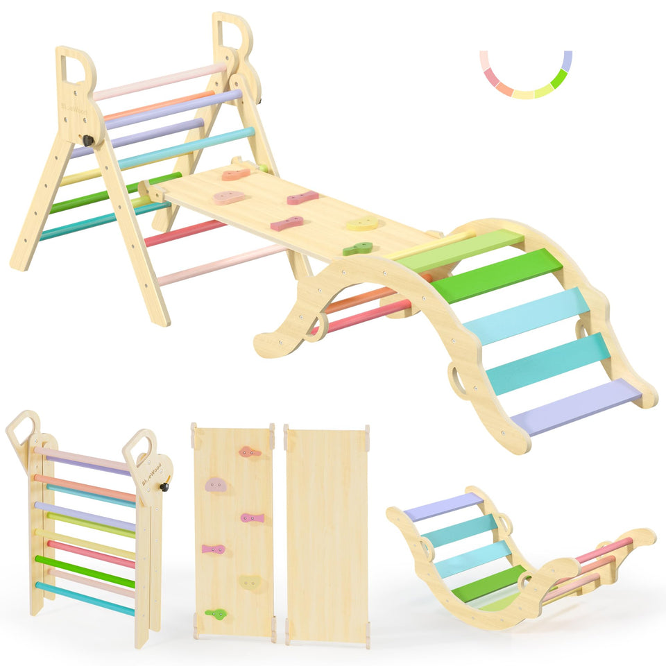 BlueWood Pikler Triangle Arch anti-tip design for safer climbing play.
