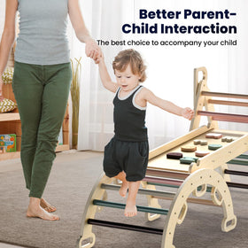 BlueWood Pikler encourages bonding as child explores climbing challenges together.