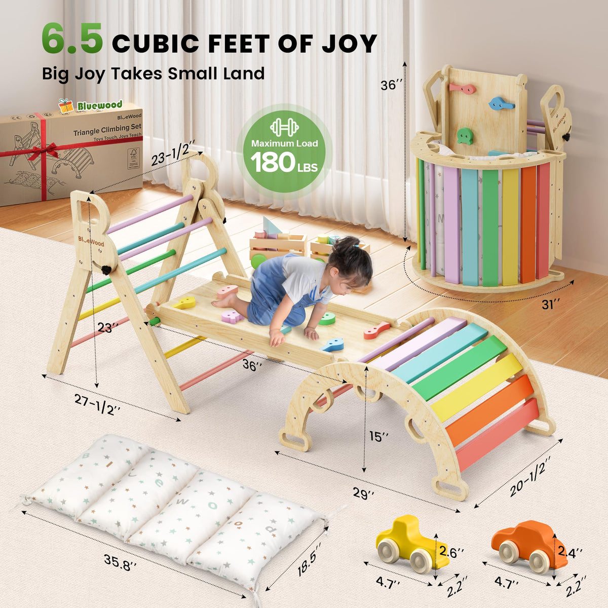 BlueWood Pikler Triangle Foldable Design enables easy storage after play.
