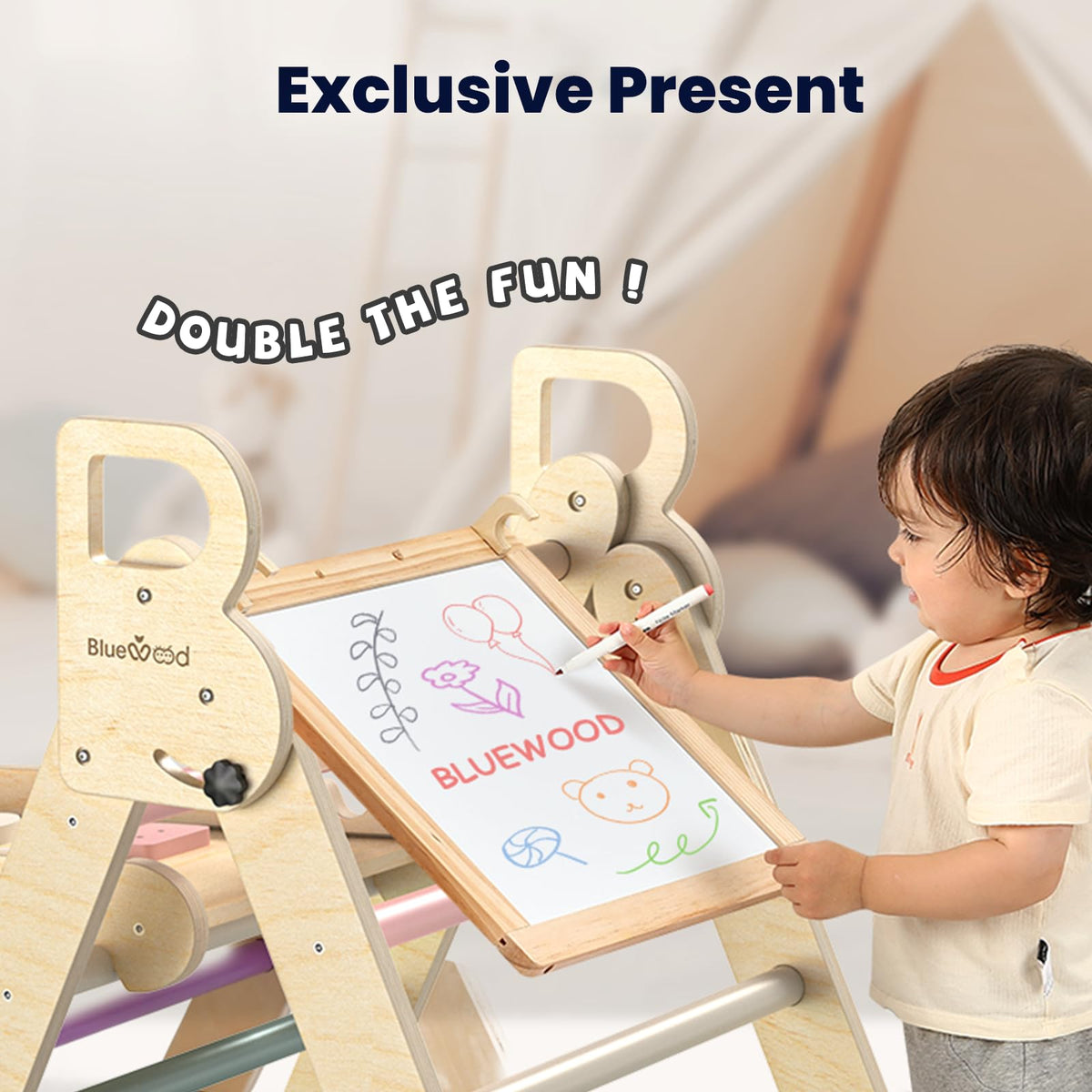 BlueWood Pikler foldable design saves space when not in use.