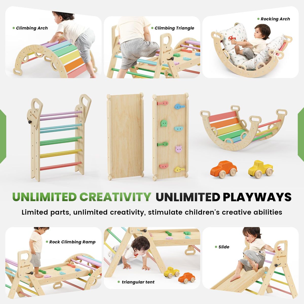 BlueWood Rainbow Jungle Gym supports creative exploration in multiple configurations.