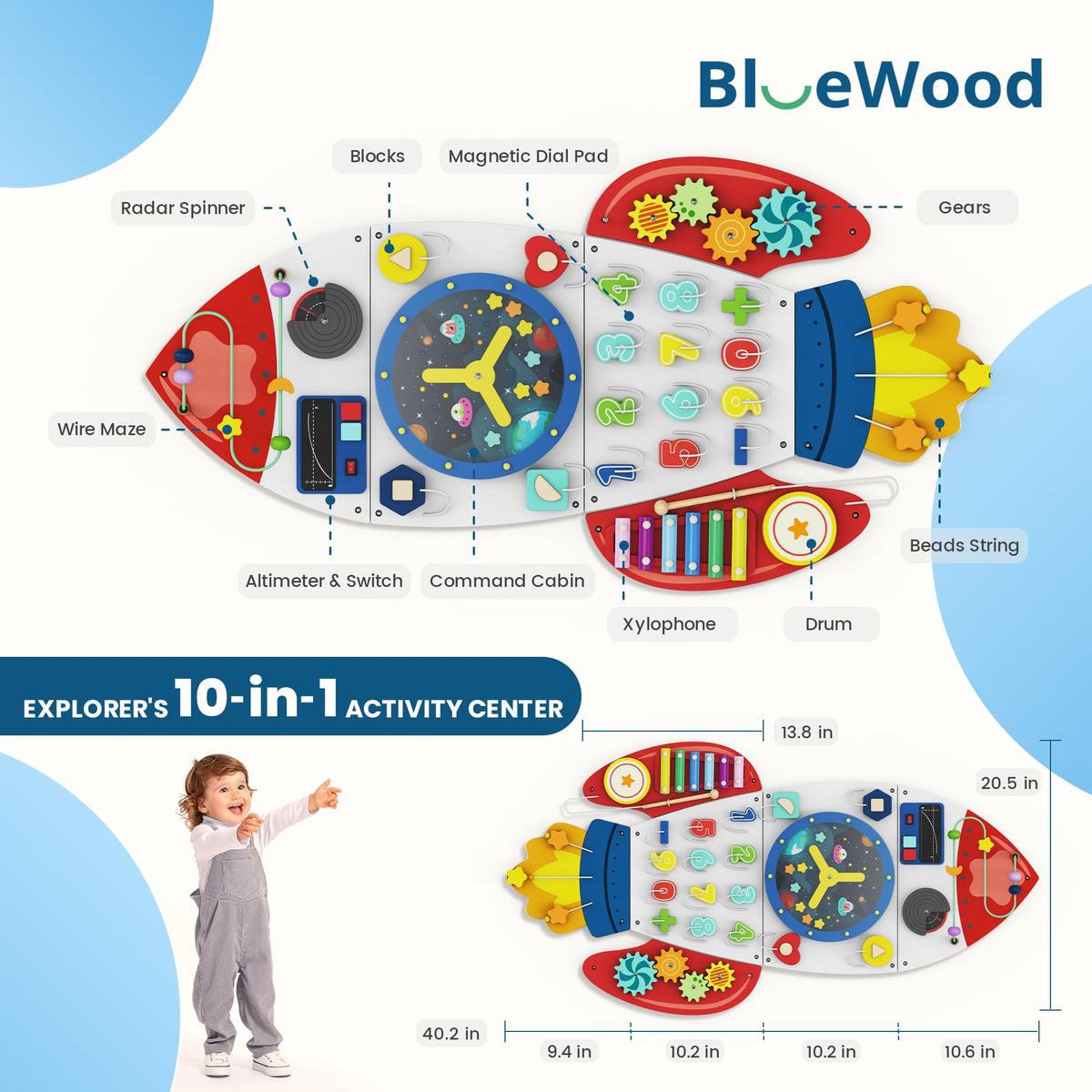 BlueWood Rocket sensory panel designed for Montessori-inspired imaginative play.