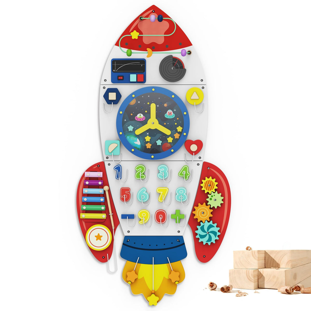 BlueWood Rocket wall busy board with eight activities for toddler coordination.
