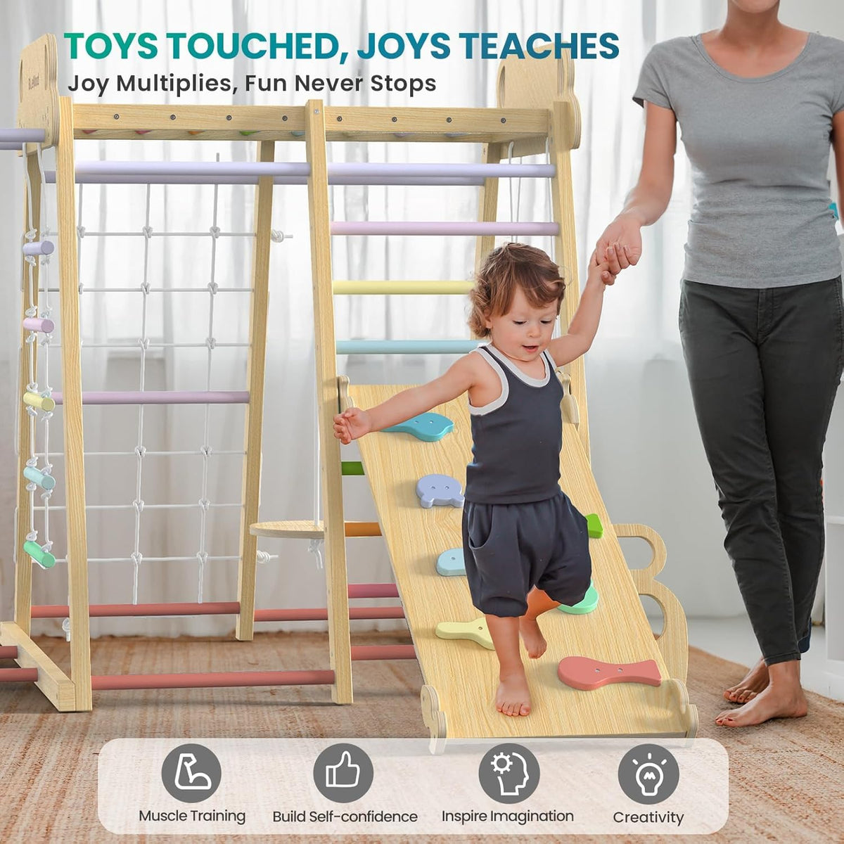 BlueWood rope ladder showcases versatile setup for developing balance and grip.