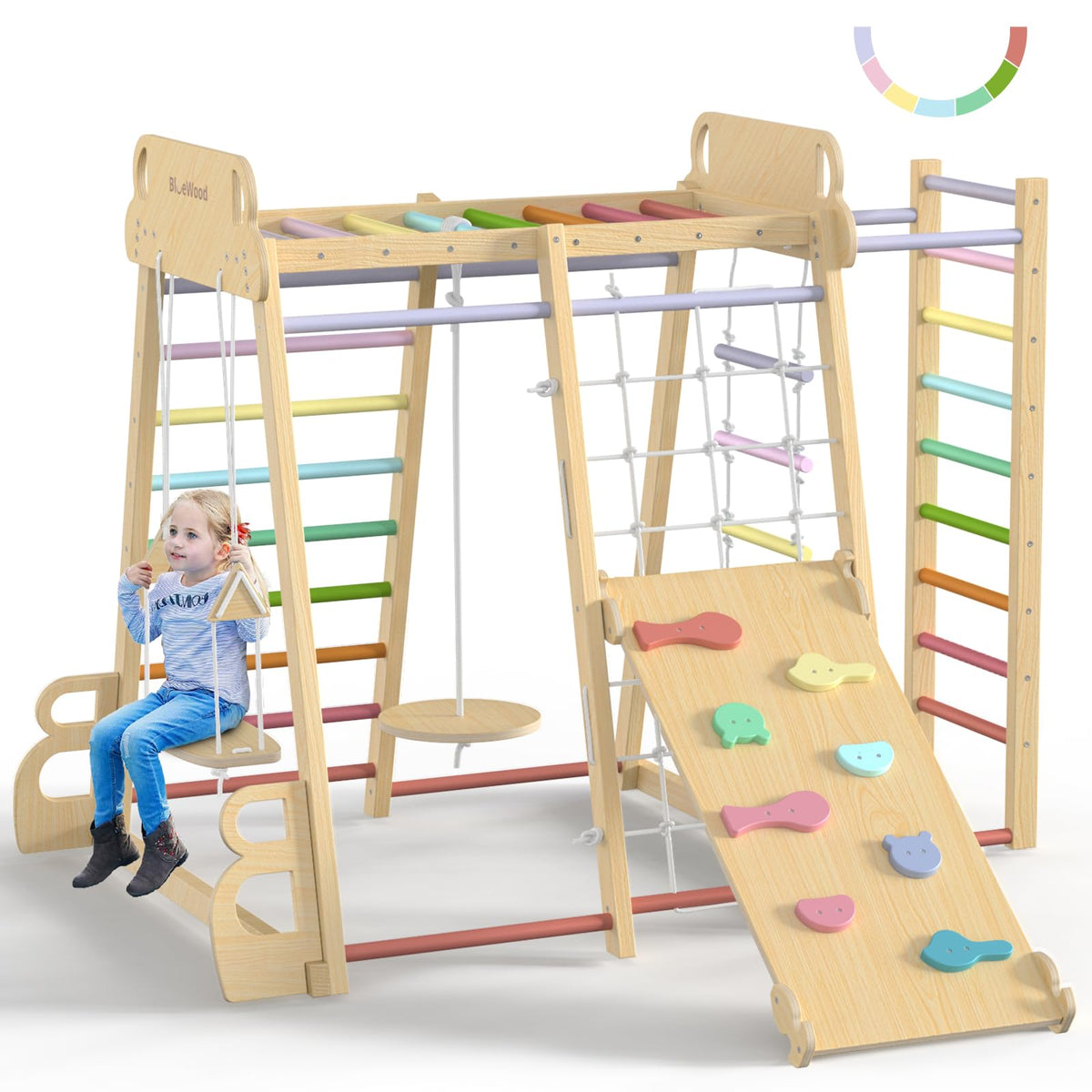 BlueWood 9-in-1 indoor jungle gym with slide and monkey bars for active play