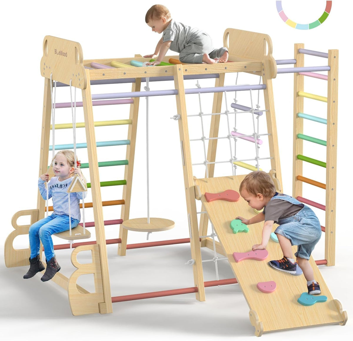 BlueWood upgraded indoor jungle gym slide enhances safe indoor play and imaginative exploration.