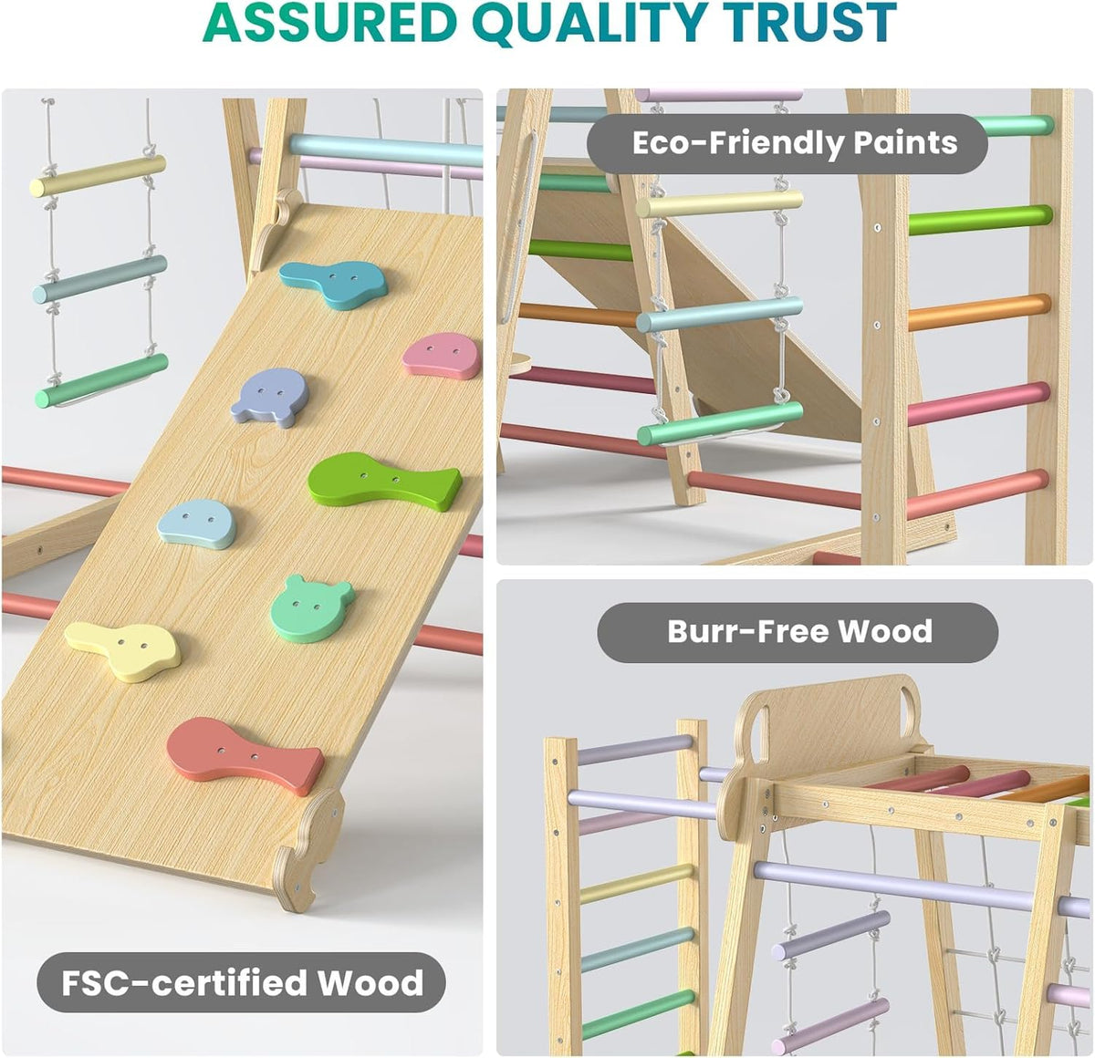 BlueWood Waldorf-style wooden climber fosters focused, imaginative physical play.