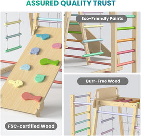 BlueWood Waldorf-style wooden climber fosters focused, imaginative physical play.