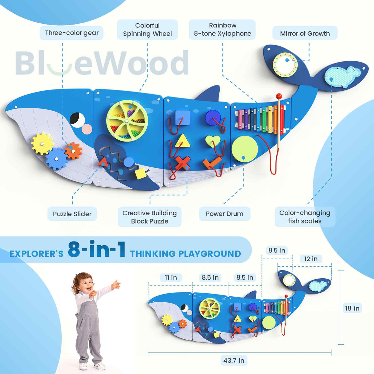 BlueWood Whale Busy Board closeup wood grain shows natural materials for sensory exploration.