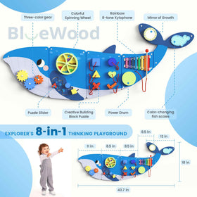 BlueWood Whale Busy Board closeup wood grain shows natural materials for sensory exploration.