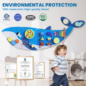 BlueWood Whale Busy Board lock-dowel-gear section encourages problem-solving through interactive tasks.