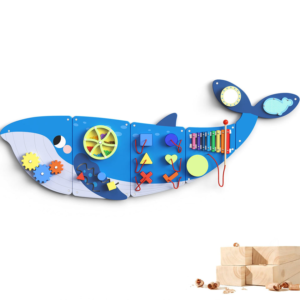 BlueWood Whale Busy Board wall panel invites toddlers to explore safely through tactile play.