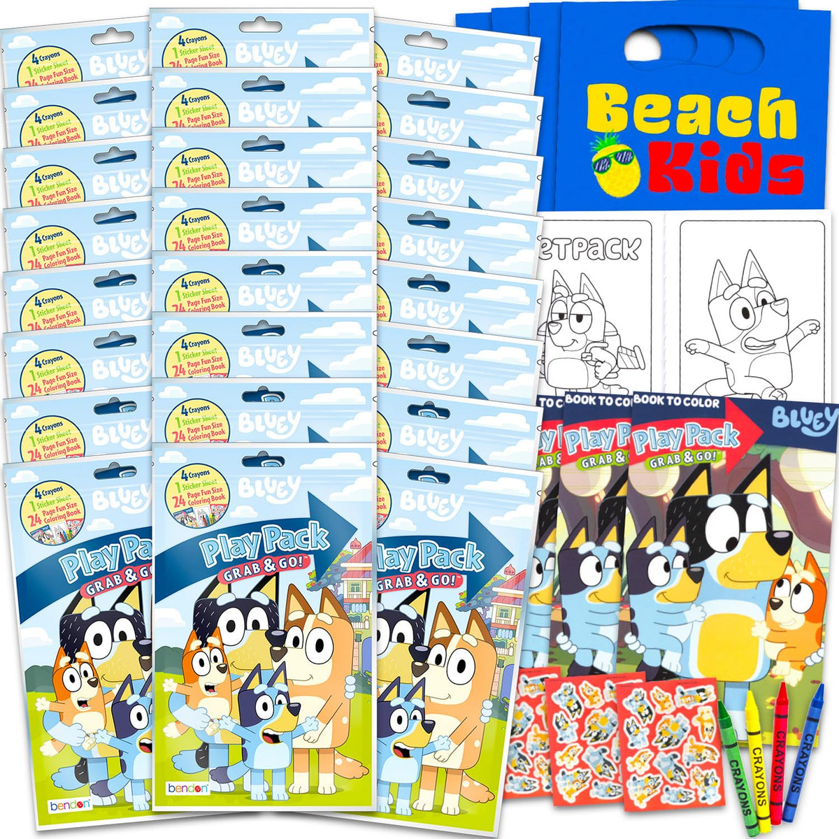 Bluey 12 activity packs with mini coloring books for kids' party favors.