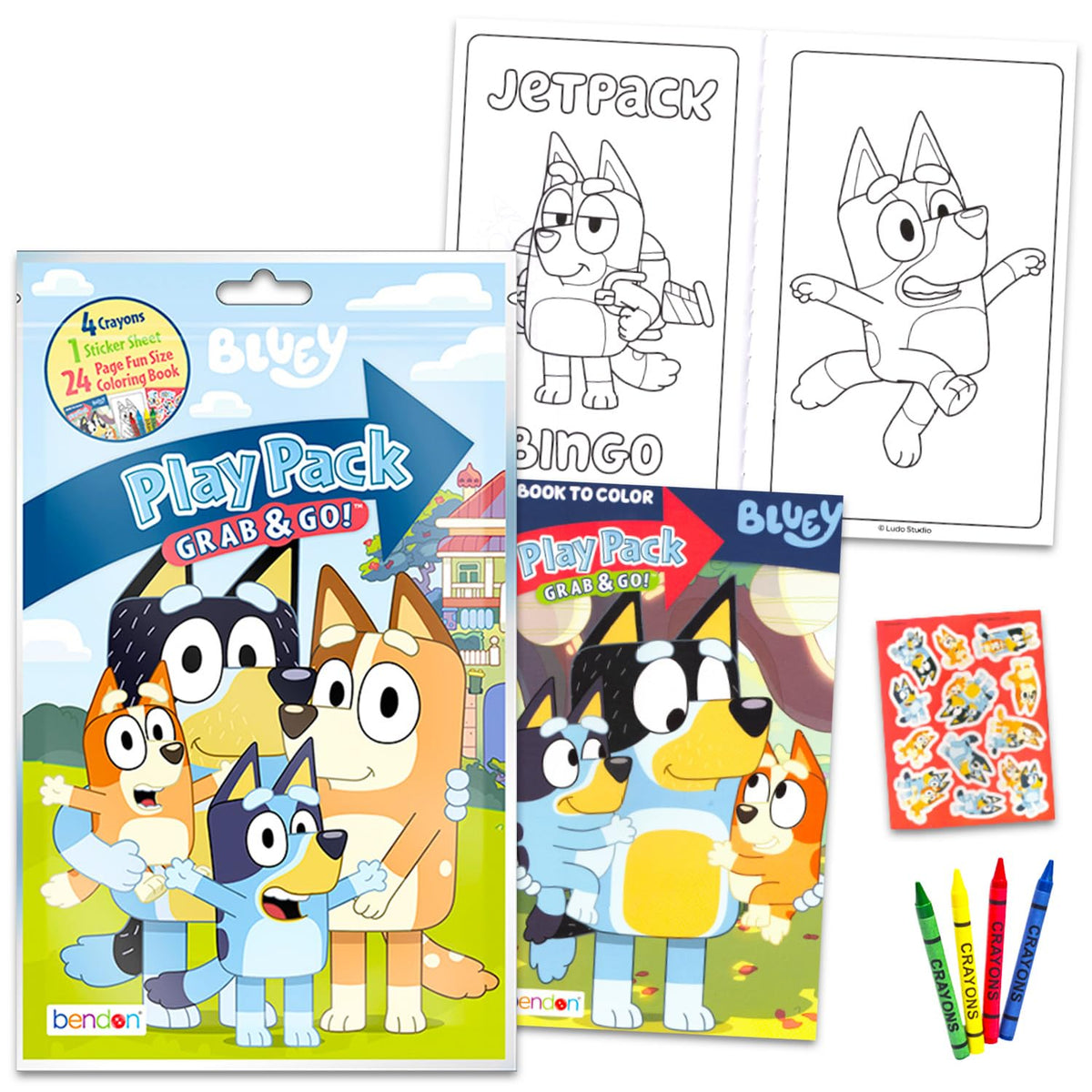 Bluey stickers and coloring utensils included in each pack for creative play.