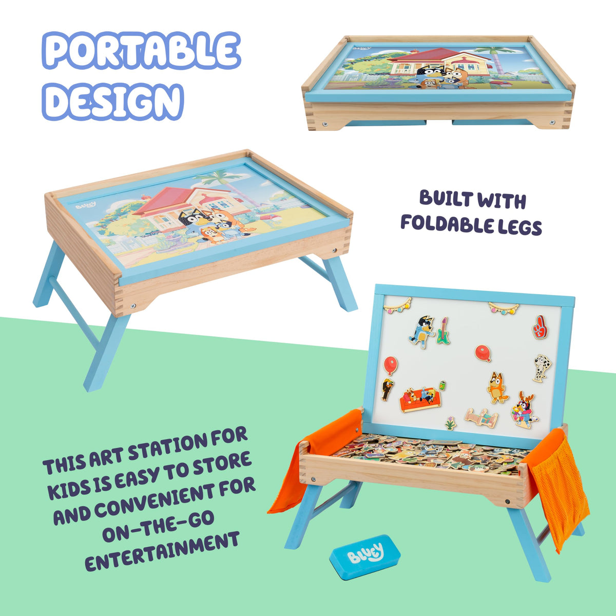 Bluey Art Creation Station canvas pockets keep magnets and accessories organized.