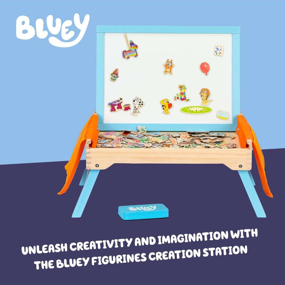 Bluey Art Creation Station whiteboard lid enables quick sketches during play.
