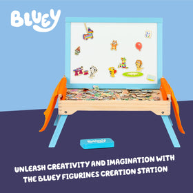 Bluey Art Creation Station whiteboard lid enables quick sketches during play.