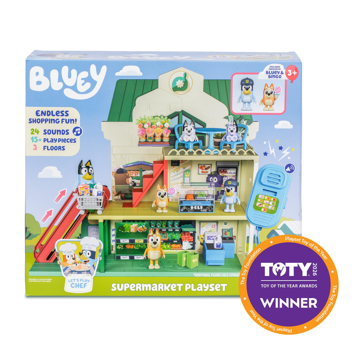 Bluey and Bingo playset contents include 15+ pieces for decorating and role play.