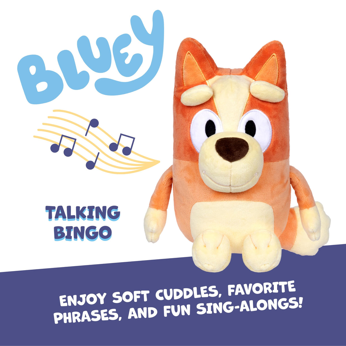 Bluey Bingo plush displays 9 phrases to spark imaginative play.
