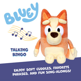 Bluey Bingo plush displays 9 phrases to spark imaginative play.