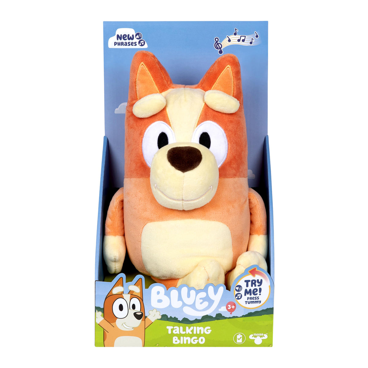 Bluey Bingo plush tummy press activates interactive phrases for kids.