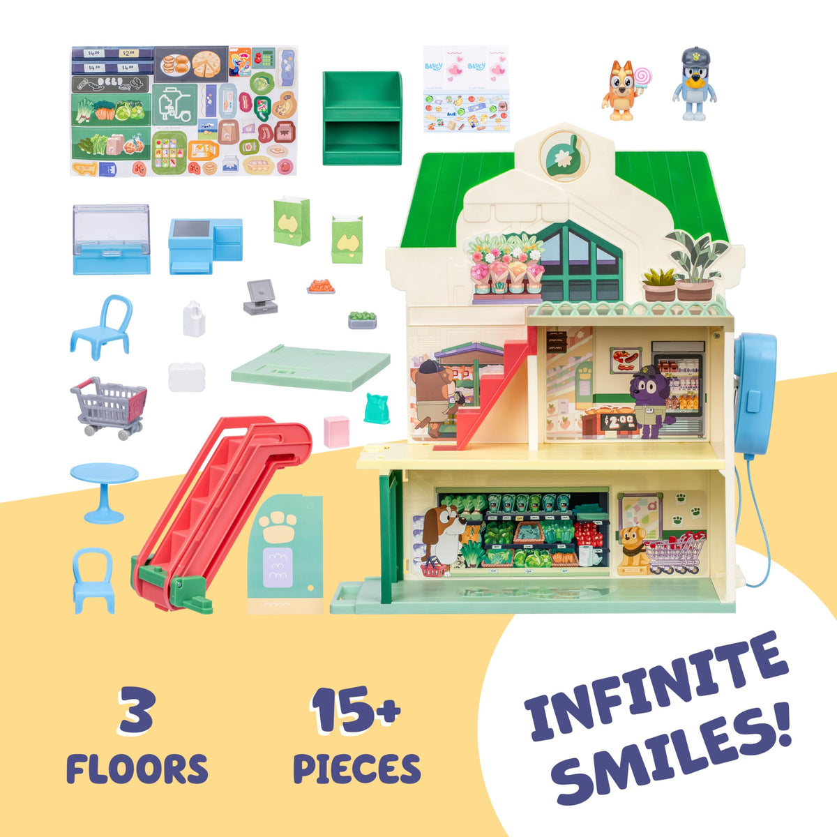 Bluey and Bingo shopping cart set supporting imaginative grocery shopping.