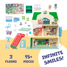 Bluey and Bingo shopping cart set supporting imaginative grocery shopping.
