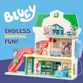 Bluey and Bingo store shelves with items for realistic home shopping play.
