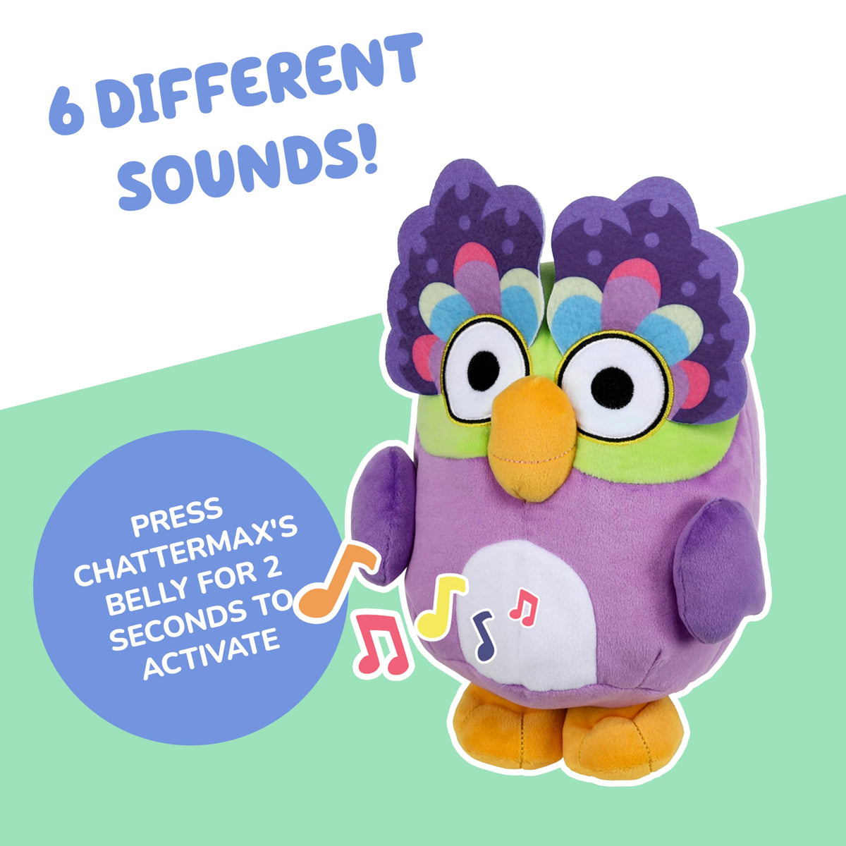 Bluey Chattermax tummy press close-up activates six phrases for engaging responses.