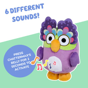 Bluey Chattermax tummy press close-up activates six phrases for engaging responses.