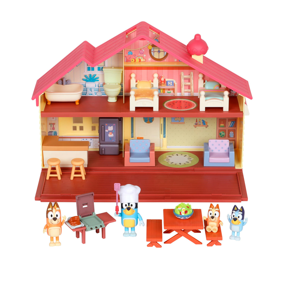 Bluey family home mega bundle opens to four rooms for imaginative play and storytelling.