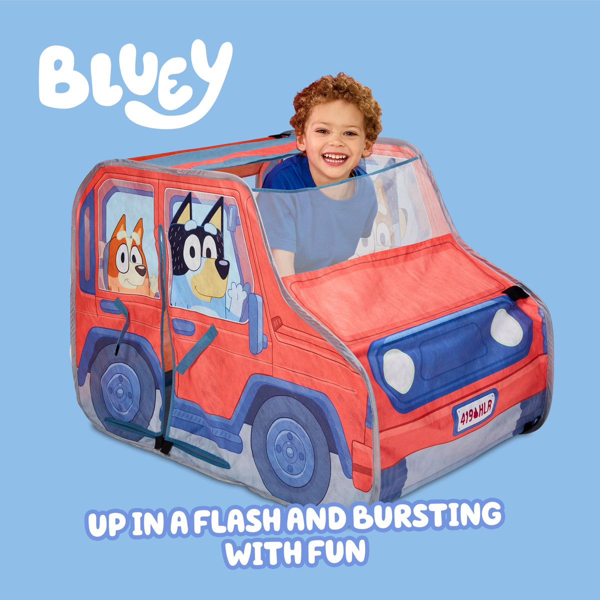 Bluey Heeler 4WD pop-up tent with open door for easy access and imaginative play