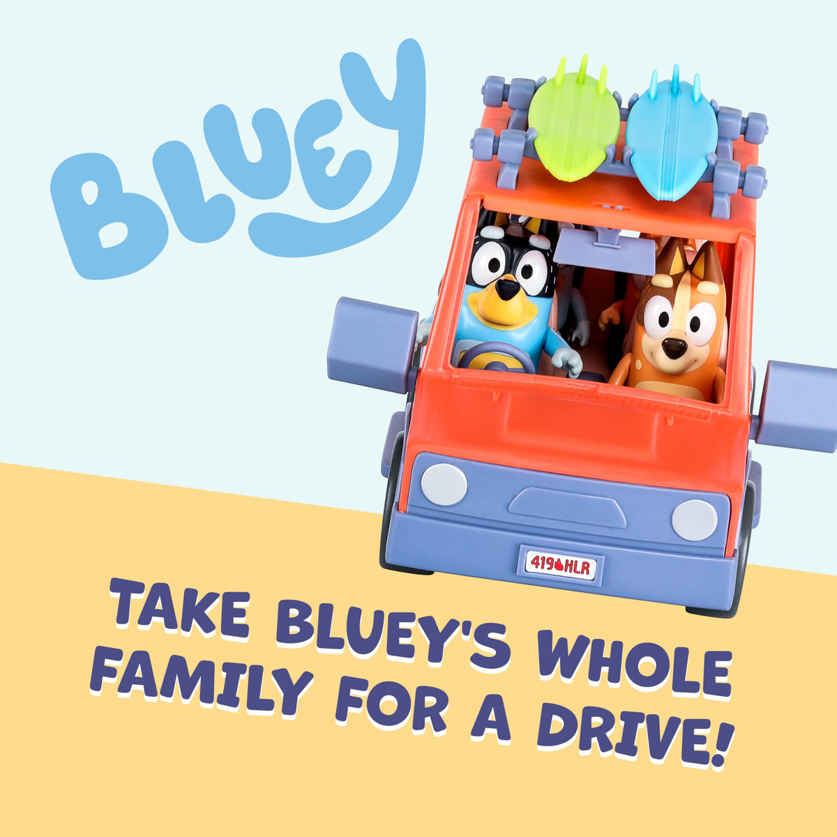 Bluey Heeler poseable figures inside car promote storytelling and fine motor skills during play.