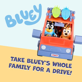 Bluey Heeler poseable figures inside car promote storytelling and fine motor skills during play.