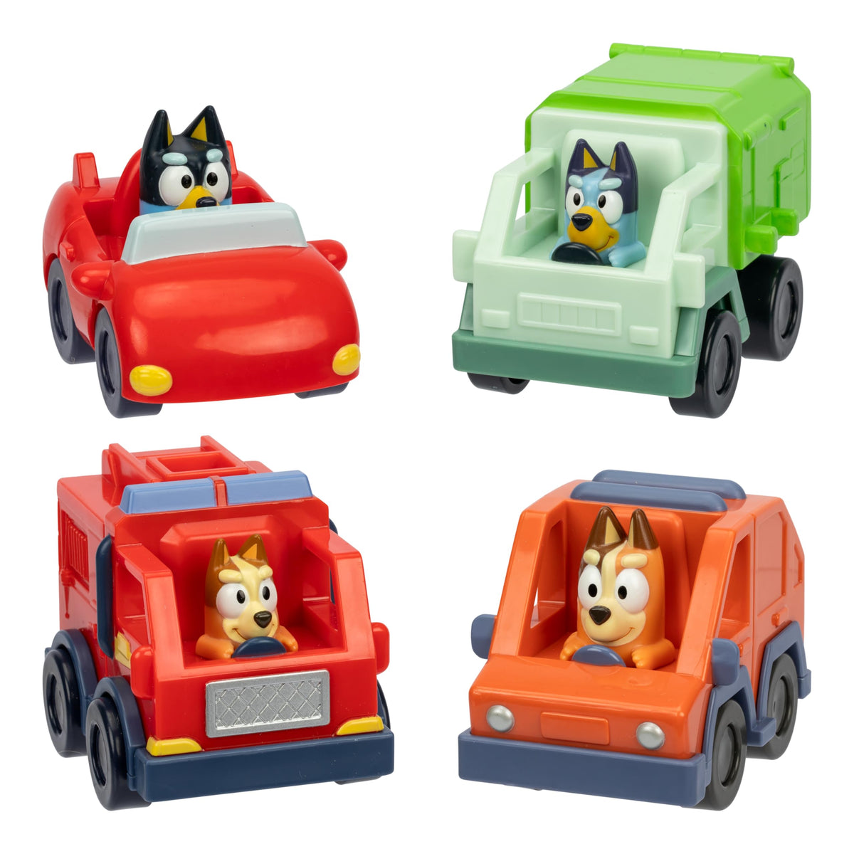 Bluey Mini Racers garbage truck; durable toddler car for imaginative play on flat surfaces.