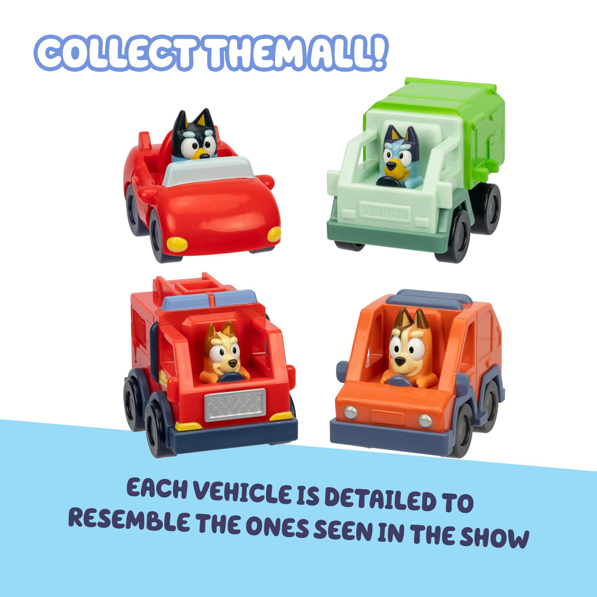 Bluey Mini Racers wheels close-up; free-rolling wheels for smooth gliding during play.