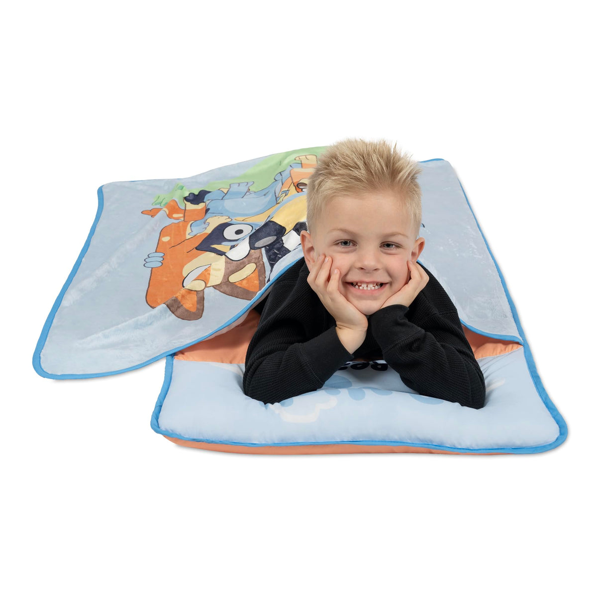 Bluey nap mat velcro tabs keep it neatly rolled.