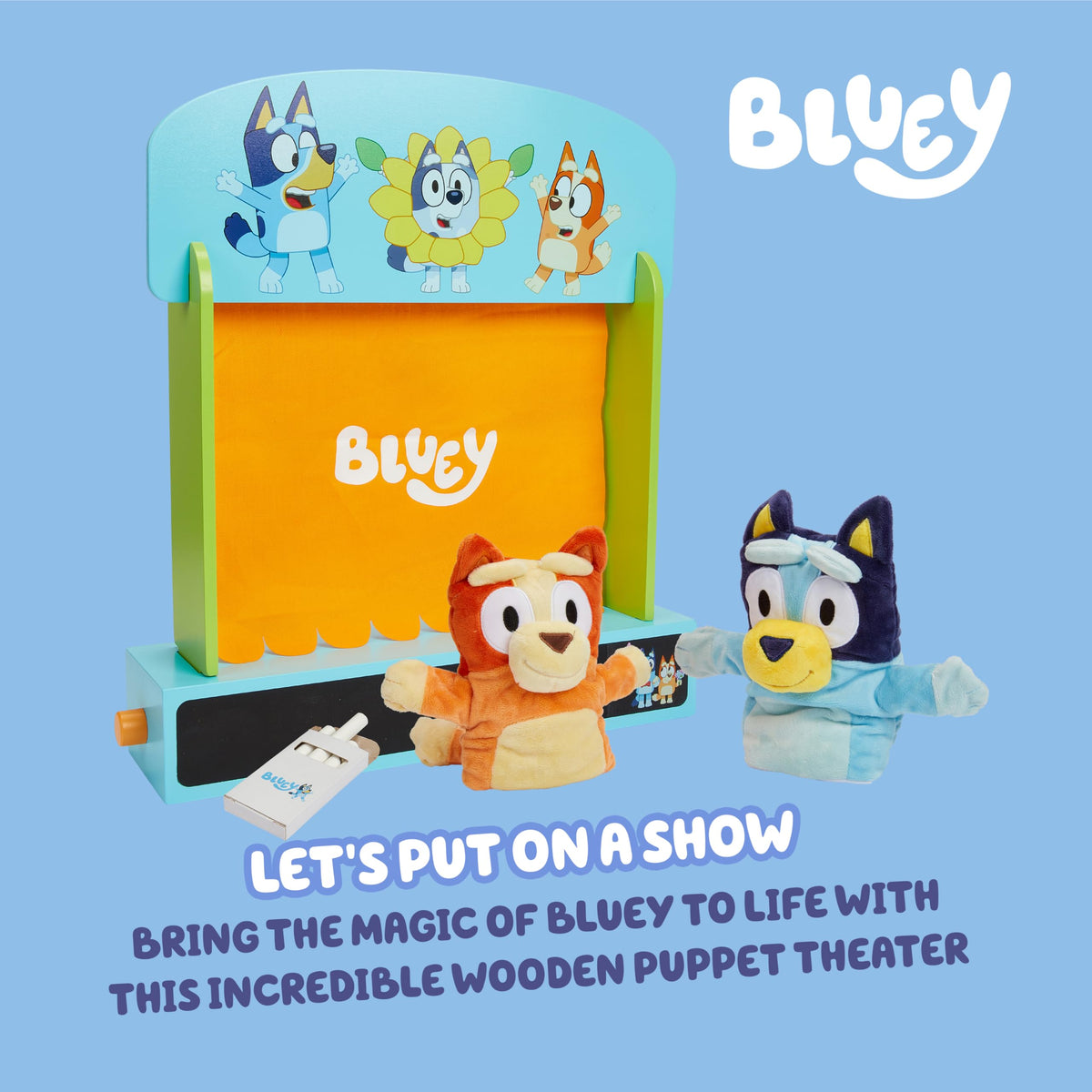 Bluey plush puppets featuring Bluey and Bingo for storytelling.