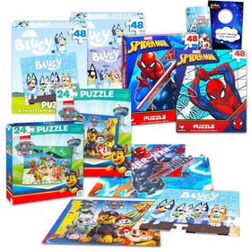 Bluey 24-piece puzzle setup promotes cooperative play and focus.